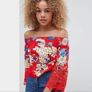 Off-the-Shoulder Floral Top Crochet Trim